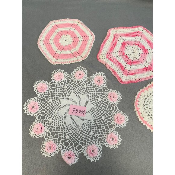 Handmade Crochet Doilies Set Of 4 Pink & White Vintage Style Decorative - Picture 7 of 7